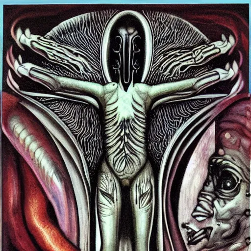 Image similar to a painting of the caduceus by h. r. giger