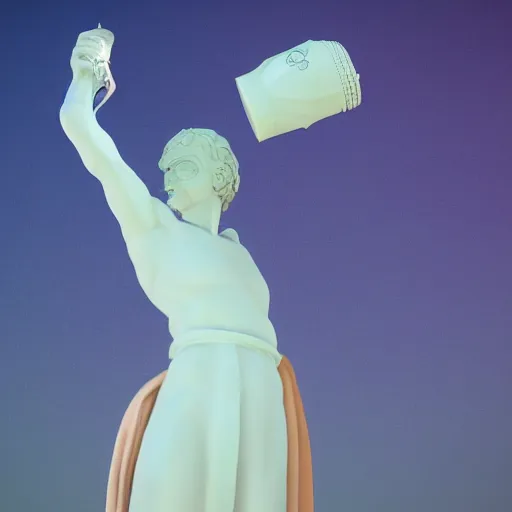 Image similar to medium shot of white reneissance statue holding a coctail, colorful coctail, digital painting, 3 d render