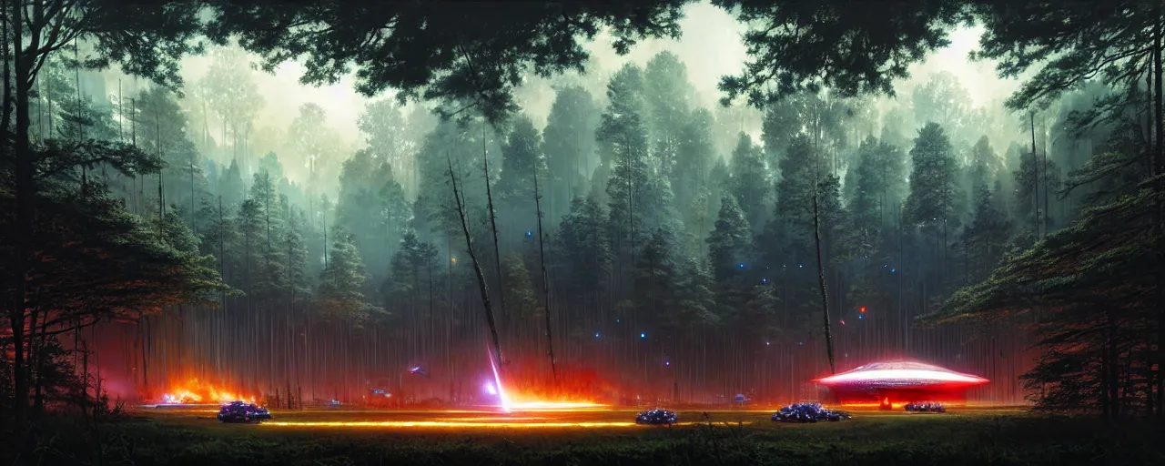 Prompt: big powerful laser light and big festival sound system on the left side close to the camera, a giant megastructure spaceship wrecked and lost in the forest, a small fire in the distance, detailed digital art by greg rutkowski.