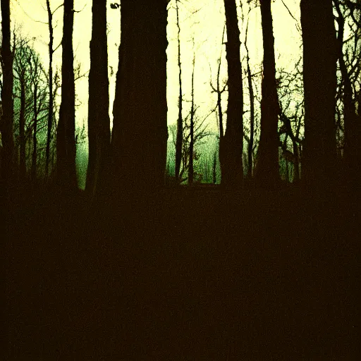 Image similar to glowing eyes in a dark creepy forest at night, 35 mm, film shot