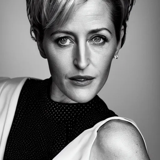 Prompt: photo of a gorgeous 40-year-old Gillian Anderson with pink pixie cut hairstyle by Mario Testino, detailed, head shot, award winning, Sony a7R -