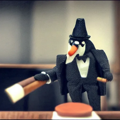 Image similar to cinematic shot of an anthropomorphic penguin wearing a suit and tie and holding a cigar in an office, very detailed, very intricate,