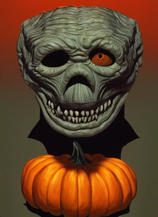 Image similar to Portrait of Pumpkin mask from Halloween III (1982), detailed, coherent, painted by Edward Hopper, Wayne Barlowe, James Gilleard, airbrush, art by James Jean