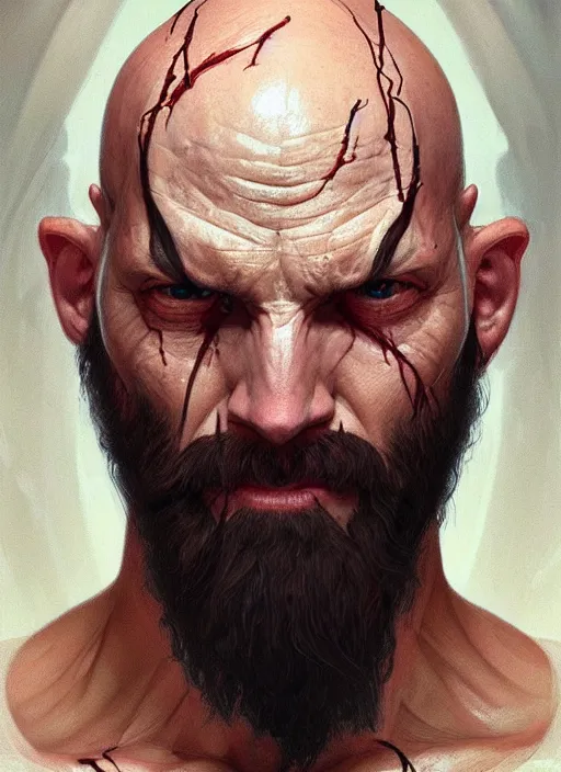 Prompt: Portrait of a man, bald, beard, scarred! Sith, evil, muscular, robes! night, intricate, elegant, highly detailed, digital painting, artstation, concept art, smooth, sharp focus, illustration, art by artgerm and greg rutkowski and alphonse mucha