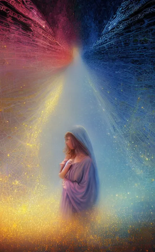 Prompt: peaceful uncertainty of saying goodbye, crossing over the spiritual veil to heaven, sharp focus, intricate, elegant, digital painting, artstation, matte, highly detailed, concept art, illustration, volumetric lighting, gold and blue and pink color scheme, bokeh light, art by greg olsen and liz lemon swindle