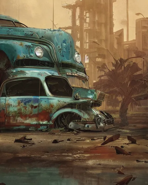 Prompt: fallout 5, tropical coastal city, desolate, dilapidated, abandoned retro futuristic vintage car and truck, buses, illustration, perfectly shaded, oft painting, art by krenz cushart and wenjun lin