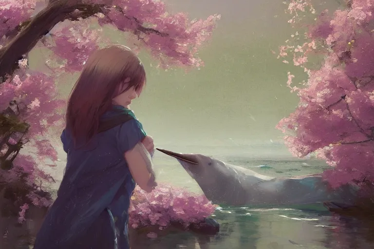 Image similar to portrait of narwhal looking intensely into the camera, sakura trees, sakura season dynamic lighting, landscape, artwork by jeremy lipkin and giuseppe dangelico pino and michael garmash and rob rey and greg manchess and huang guangjian and makoto shinkai, pixiv, 1 0 0 mm