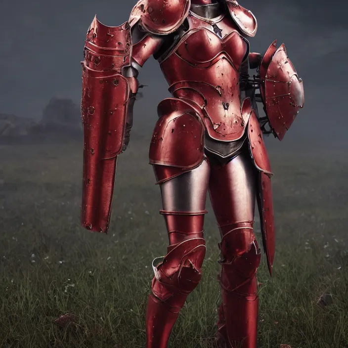 Image similar to a girl with a long red hair wearing a full-body red plate armor standing in a battlefield, anatomically correct, hyperrealistic, concept art, octane render, unreal engine 5, 8K HDR, highly detailed, high quality, fantasy armor