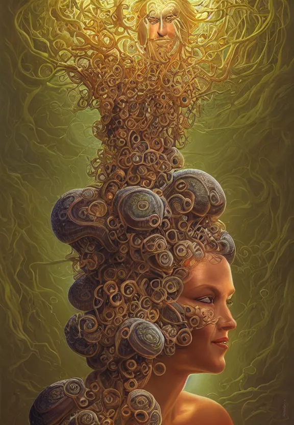 Prompt: perfectly centered portrait front view of a beautiful biomechanical mushroom goddess, flowing hair, intense stare, sweet smile, symmetrical, concept art, intricate detail, volumetric shadows and lighting, realistic oil painting by tim hildebrandt,