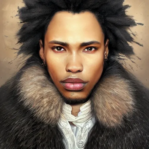 Image similar to portrait painting of a beautiful black man with cut scars and cropped hair wearing a tattered fur coat, ultra realistic, concept art, intricate details, eerie, highly detailed, photorealistic, octane render, 8 k, unreal engine. art by artgerm and greg rutkowski and charlie bowater and magali villeneuve and alphonse mucha