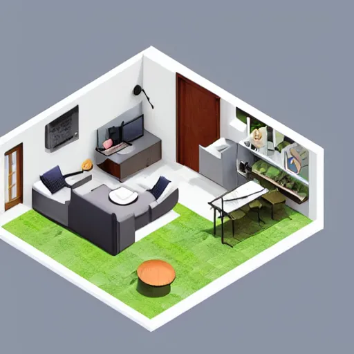 Prompt: an isometric interior design of a modern house