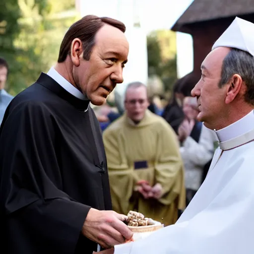 Image similar to kevin spacey dressed up as a catholic priest, giving out communion to people