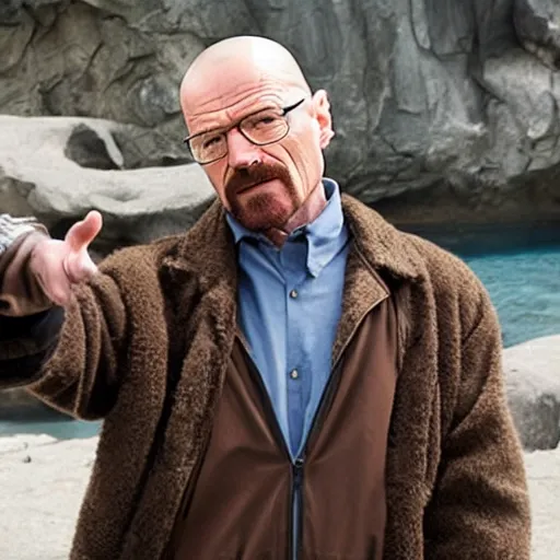 Image similar to walter white pointing at penguins in a zoo