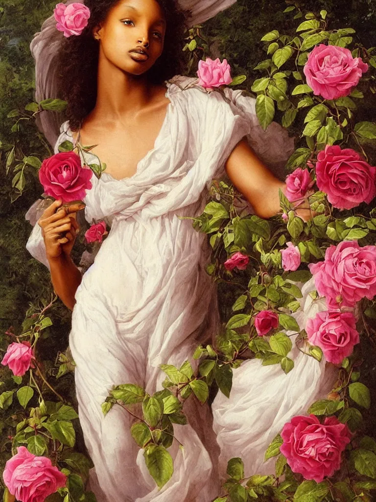 Image similar to jasmine tookes the goddess of love : : background of roses, myrtle, doves : : rococo, academicism