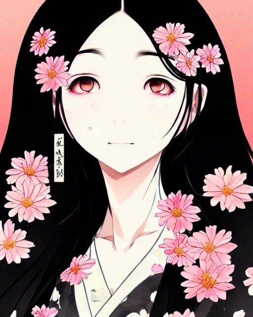 Prompt: a girl with black hair and black kimono, flower decoration on the background, a beautiful half body illustration, top lighting, perfect shadow, reduce saturation, leaning towards watercolor, art by hidari and srnmomo