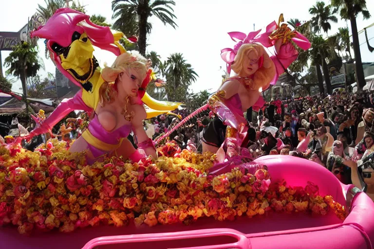 Prompt: Angelyne fights Scorpion from Mortal Kombat on a float at the Rose Parade, hyperdetailed, photorealistic,