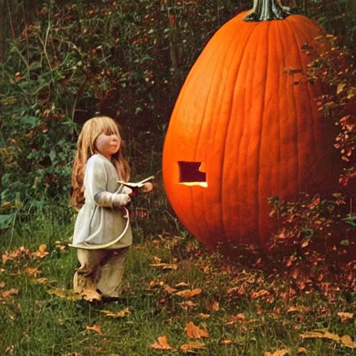 Prompt: A land art. A rip in spacetime. Did this device in her hand open a portal to another dimension or reality?! pumpkin orange by Richard Doyle, by Don Maitz sinister, ornate