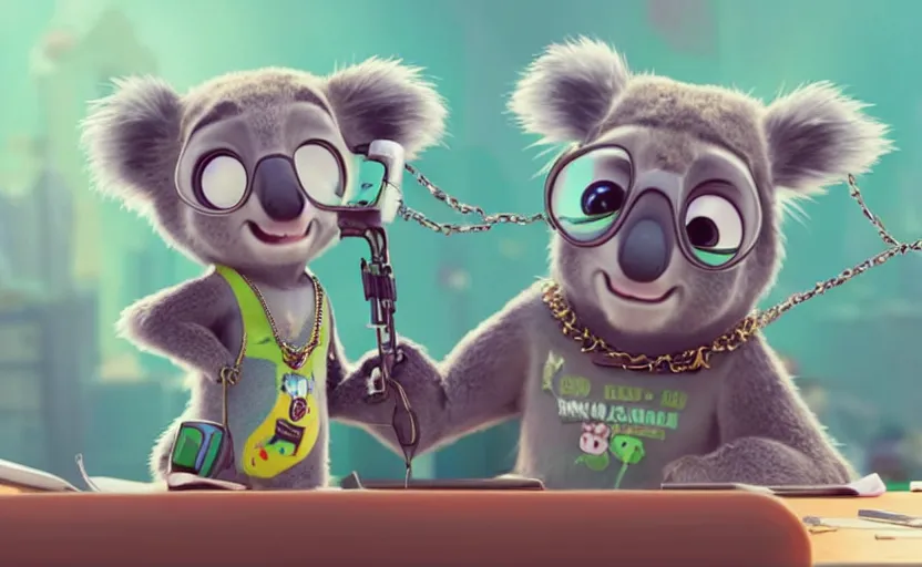 Image similar to “ one cute koala with very big eyes, wearing a bandana and chain, holding a laser gun, standing on a desk, digital art, award winning, in the style of the movie zootopia ”