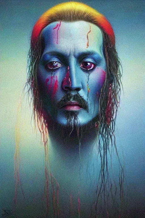 Image similar to portrait of johnny depp colourful shiny beautiful harmony painting by zdzisław beksinski