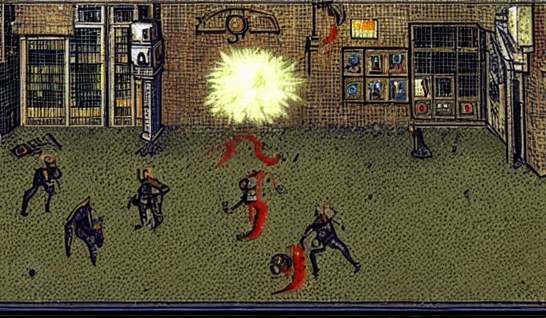 Prompt: Combat in a survival horror game, PS1, 2D sprites, gameplay screenshot, by Hieronymous Bosch