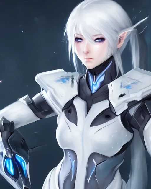 Prompt: perfect white haired girl, warframe armor, beautiful, dreamy, half asian, pretty face, blue eyes, detailed, scifi platform, laboratory, experiment, 4 k, ultra realistic, epic lighting, cinematic, high detail, masterpiece, akihito tsukushi