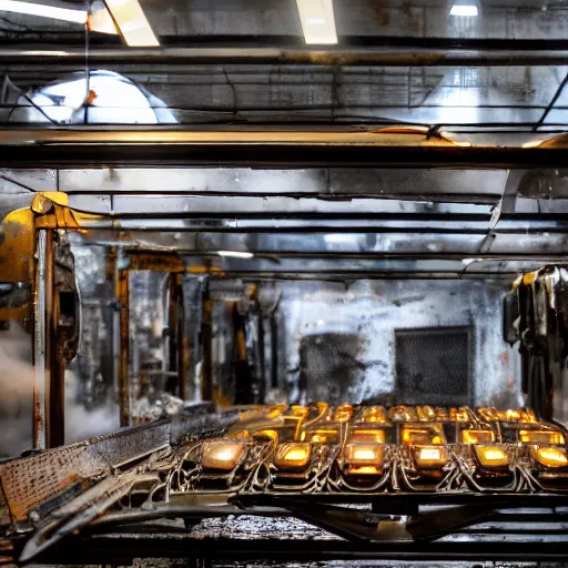 Image similar to line of toaster oven mecha heads on conveyor belt, dark messy smoke - filled cluttered workshop, dark, dramatic lighting, orange tint, sparks, cinematic, highly detailed, sci - fi, futuristic, movie still