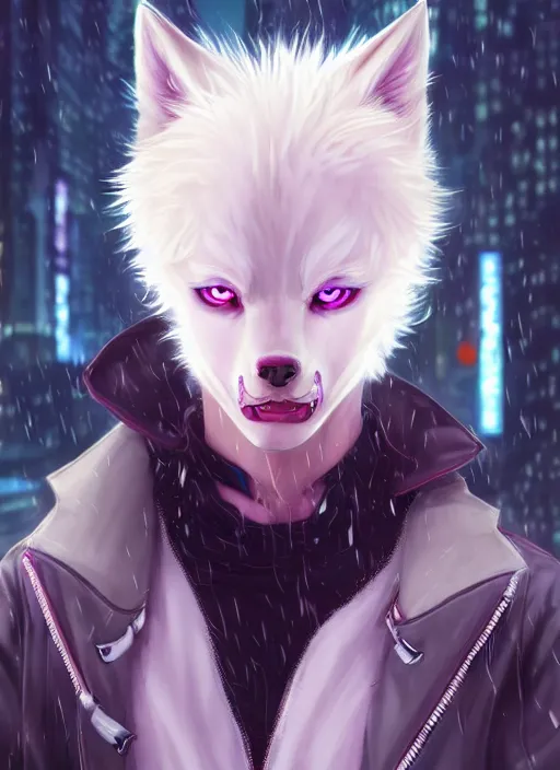 Image similar to award winning beautiful portrait commission of a male furry anthro albino wolf fursona with a tail and a cute beautiful attractive detailed furry face wearing stylish black and pink cyberpunk clothes in a cyberpunk city at night while it rains. Character design by charlie bowater, ross tran, artgerm, and makoto shinkai, detailed, inked, western comic book art