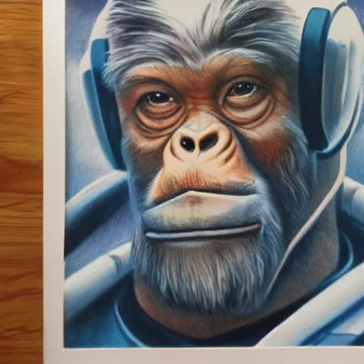 Prompt: pencil art, realistic self portrait, astronaut a and two chimpanzees, style of george lucas.