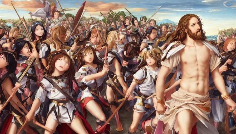 Image similar to jesus christ our lord leading an army of anime girls into battle, photorealistic, anime, mini skirt, long hair, renaissance painting, hyper real, detailed, closeup shot, ultra detailed