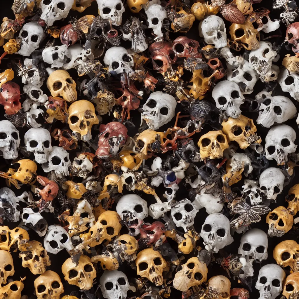 Image similar to unusual insect and animal skulls collection, made of colored porcelain, in different wooden boxes. top down photo, close macro photo. cinema 4d render , studio photo, 8k