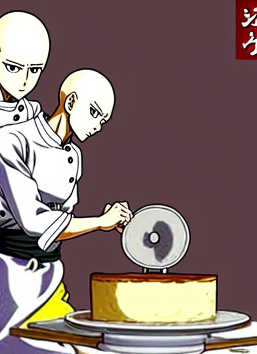 Image similar to chef saitama one punch man, dressed as a pastry chef, focused at making a cake, beautiful anime artwork