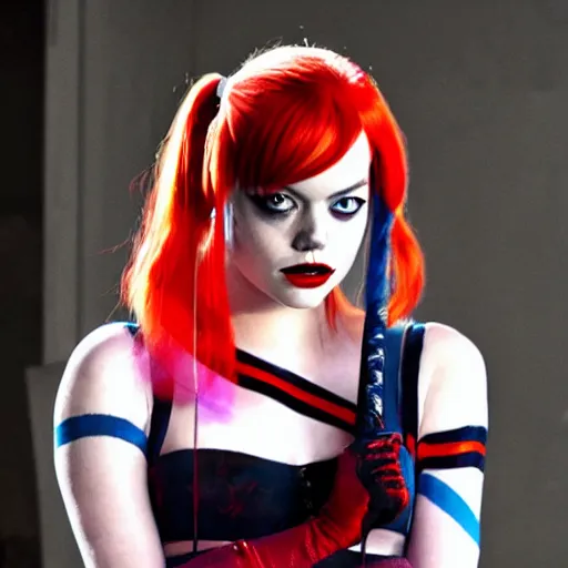 Image similar to emma stone as harley quinn, golden ratio, hd, centered