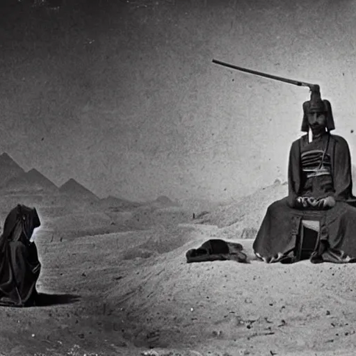 Prompt: samurai posing on the sphynx. in egypt. 1 8 6 3. landscape