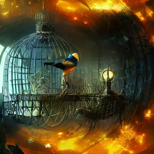 Image similar to intricate cage with bird of paradise steampunk, matte painting, cinematic, epic composition, detailed, atmospheric, wide angle, artstation trending