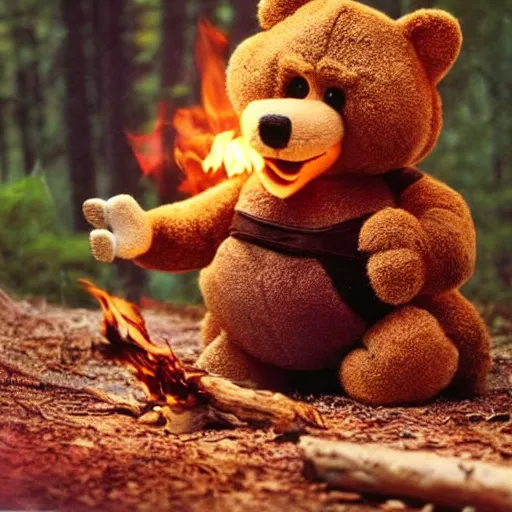 Image similar to candid photo of Teddy Ruxpin in the woods, playing with fire as Smokey The Bear burns one by Annie Leibowitz, photorealisitc, extremely detailed