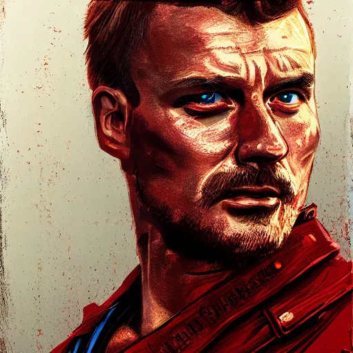 Image similar to Portrait of Mariusz Pudzianowski in the style of Disco Elysium, digital drawing by Pavlo Guba, strong red hue
