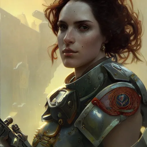 Prompt: A pale young french woman as an warhammer 40k marine, very detailed face, gorgeous, beautiful, intricate, highly detailed, digital painting, artstation, concept art, sharp focus, illustration, art by greg rutkowski and alphonse mucha