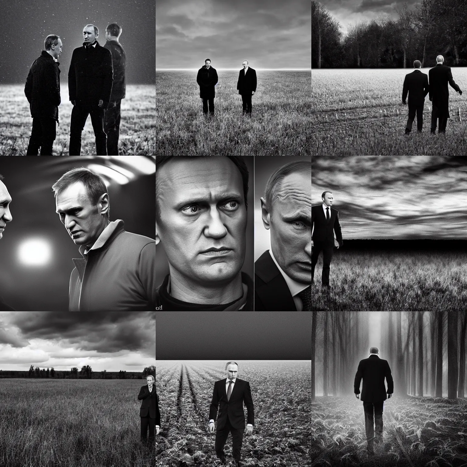 Prompt: alexei navalny with vladimir putin together in the dark gloomy field, midnight, creepy, skary, black and white, realistic, 8k, detailed