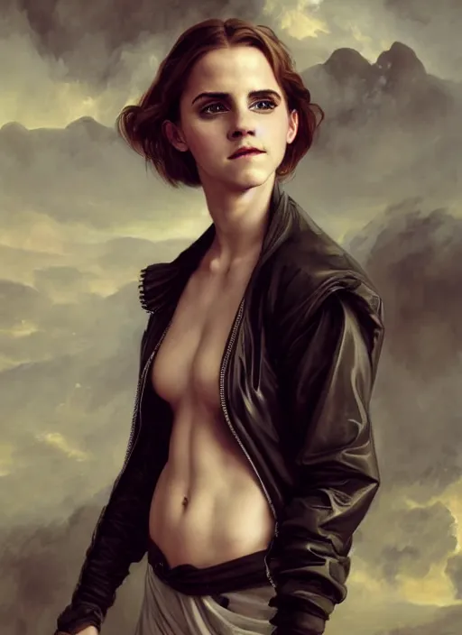 Image similar to emma watson portrait demon half human, elegant, wearing a bomber jacket, armor, hyper realistic, whitehorns, extremely detailed, dnd character art portrait, fantasy art,, dramatic lighting, vivid colors, artstation, by edgar maxence and caravaggio and michael whelan and delacroix, lois van baarle and bouguereau