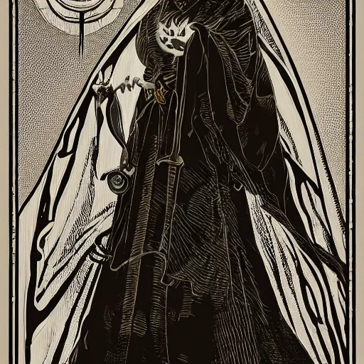 Image similar to precisely drawn illustration of anime hooded high priestess of an earth goddess, old-fashioned tarot card, victorian playing card, sepia tone, wide angle, sharp, fine details, anime, manga, cyberpunk, intense line art, 8k, precise linework, realistic, shaded lighting by katsuhiro otomo ghost-in-the-shell, magali villeneuve, artgerm, rutkowski Jeremy Lipkin and Giuseppe Dangelico Pino and Michael Garmash and Rob Rey
