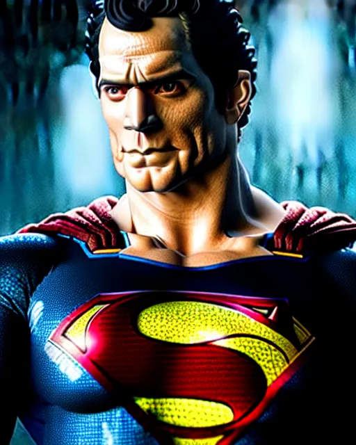 Prompt: hyperrealistic mixed media painting of a henry cavill as depressed superman, dimly lit dive bar, stunning 3d render inspired art by P. Craig Russell and Barry Windsor-Smith + perfect facial symmetry + dim volumetric lighting, 8k octane beautifully detailed render, post-processing, extremely hyperdetailed, intricate, epic composition, grim yet sparkling atmosphere, cinematic lighting + masterpiece, trending on artstation, very very detailed, masterpiece, stunning