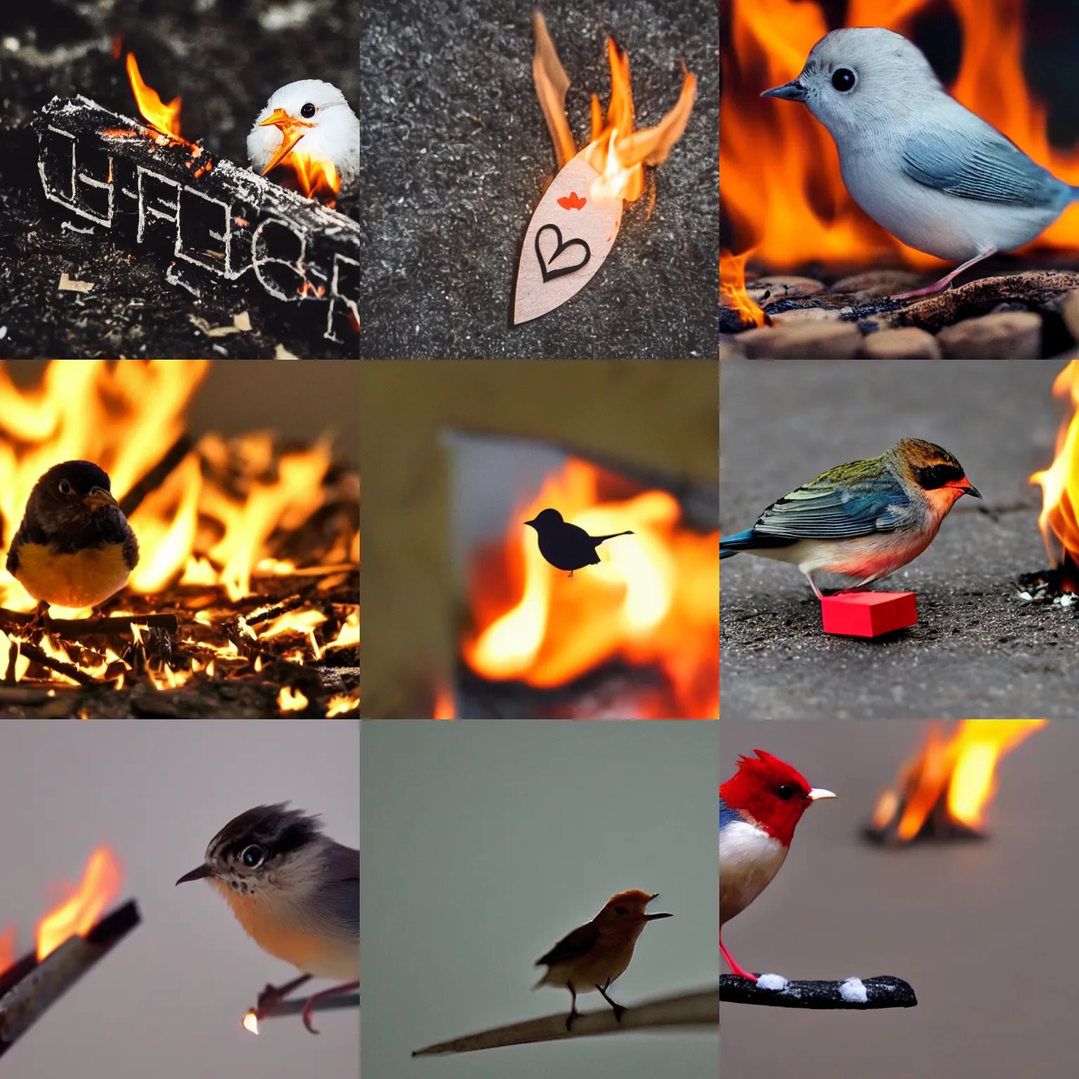 Prompt: a small bird burning love letters on a fire