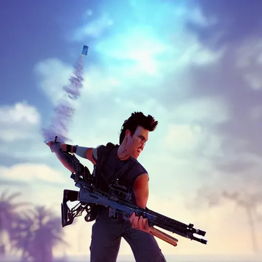 Image similar to hyperrealistic image of ace ventura firing an lmg, stunning 3 d render, inspired by istvan sandorfi & greg rutkowski & unreal engine, perfect symmetry, dim volumetric cinematic lighting, 8 k octane comprehensive render, extremely hyper - detailed, incredibly lifelike attributes, intricate, real flesh texture, masterpiece, artstation, stunning,