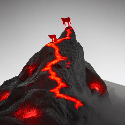 Image similar to satanic mountain goats with glowing red eyes on a sheer obsidian cliffside with lavaflow, lava waterfalls, photorealistic landscape render, octane render, vray, beautiful, ambient occlusion, particle effects, light bloom, rtx