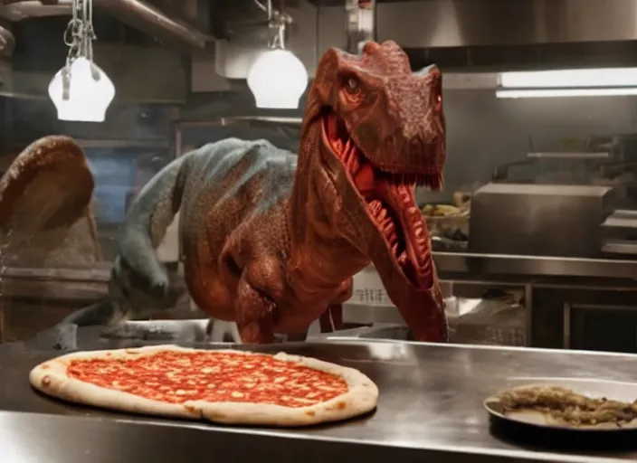 Prompt: film still of a dinosaur working in a pizza parlor making pizza in the new Avengers movie, 4k