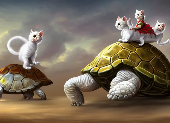 Image similar to white kittens riding giant turtles, battalion, digital oil painting, trending on artstation