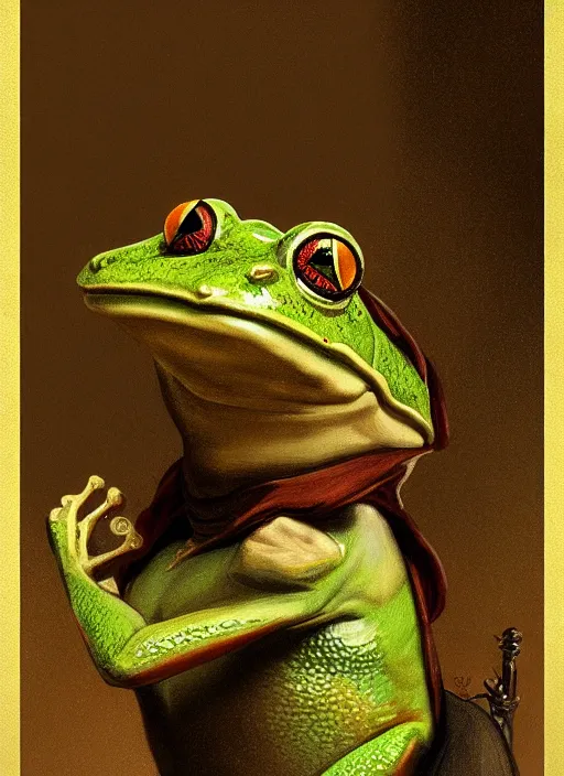 Image similar to frog gentleman in a costume portrait by Lajos Berán, Albert Bierstadt, Robert Henderson Blyth, Claude Bonin-Pissarro, Sandro Botticelli, unreal Engine Fantasy Illustration. award winning, Artstation, Hyperdetailed, 8k resolution