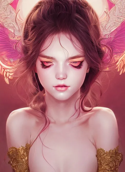 Image similar to dreamlike luxury stunning devil portrait, pale pink and gold kimono, art by artgerm, wlop, loish, ilya kuvshinov, 8 k realistic, hyperdetailed, beautiful lighting, detailed background, depth of field, symmetrical face, frostbite 3 engine, cryengine,