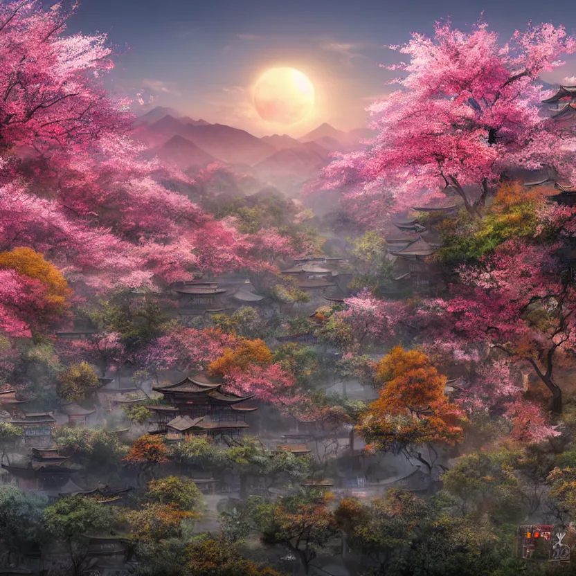 Image similar to old empty samurai city surrounded by sakura trees, beautiful valley and mountains with forest, sunrise matte painting, digital art, artistation