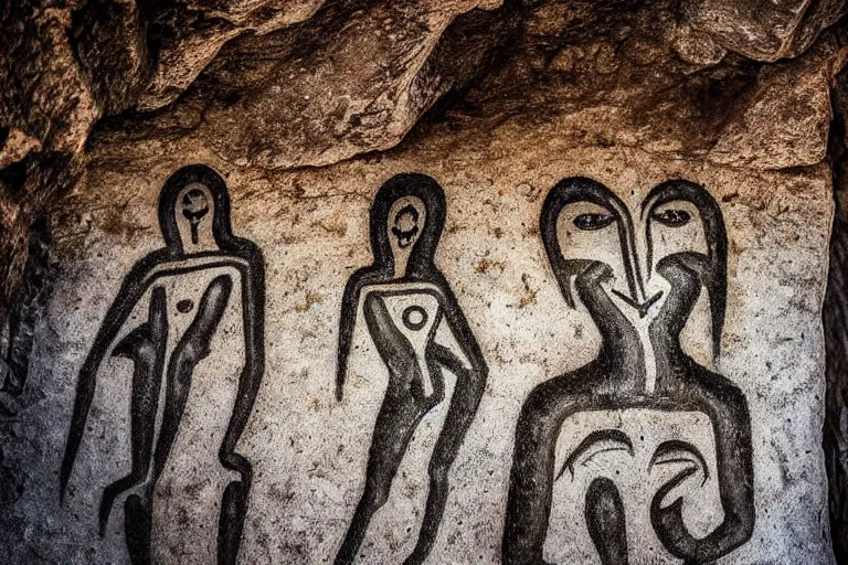 Image similar to archeological photo of the primitive ancient portraits of female demons, rock art drawings, cave drawings, symmetrical, cinematic, real dlsr photography, sharp focus, 4 k, ultra hd, sense of awe, archeology journal cover